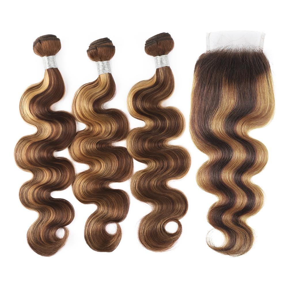 Highlight Honey Blonde Hair with Closure Brazilian Body Wave Human Hair 3 Bundles with 4x4 Lace Closure P4/27