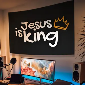 "Jesus Is King" Crown Chris Devout Tapestry - Aesthetic Wall Hanging Decor - Polyester Tapestry for Bedroom, Home Office, or Studio Decor - Best Gift for Christian Family and Friends Solid Color Decorative Shabby Chic DesignTapestry Decor