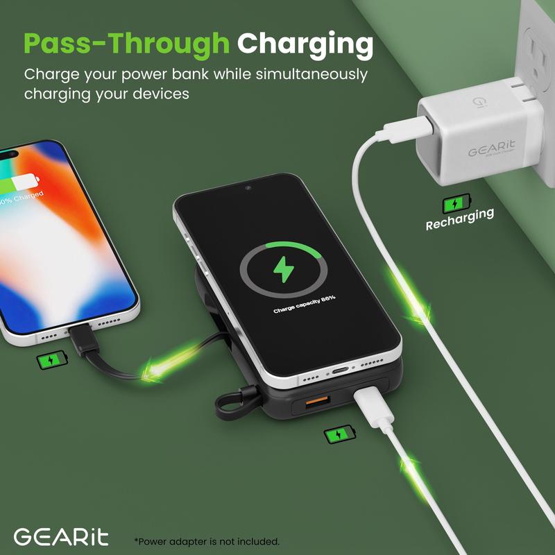 GEARit 5-in-1 10000mAh Power Bank Wireless MagSafe Charging with Built-in Cables & LED Display for Apple iPhone Samsung Galaxy Devices Portable Charger Usb Smartphone