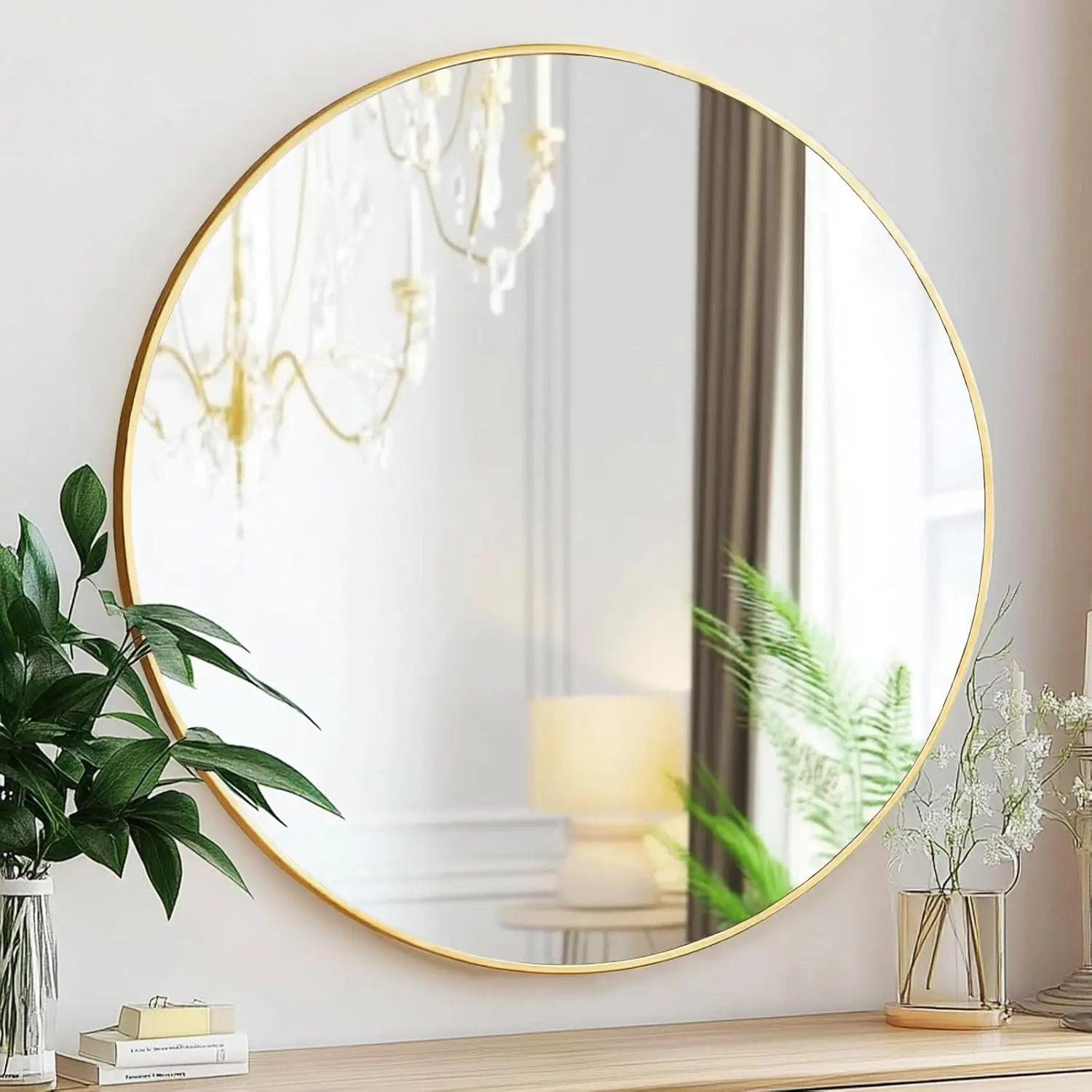 Sweetcrispy Gold Metal Frame Round Mirror - Wall Mounted Home Decorative Mirror for Bathroom, Entryway, Aesthetic Home Decor Accent