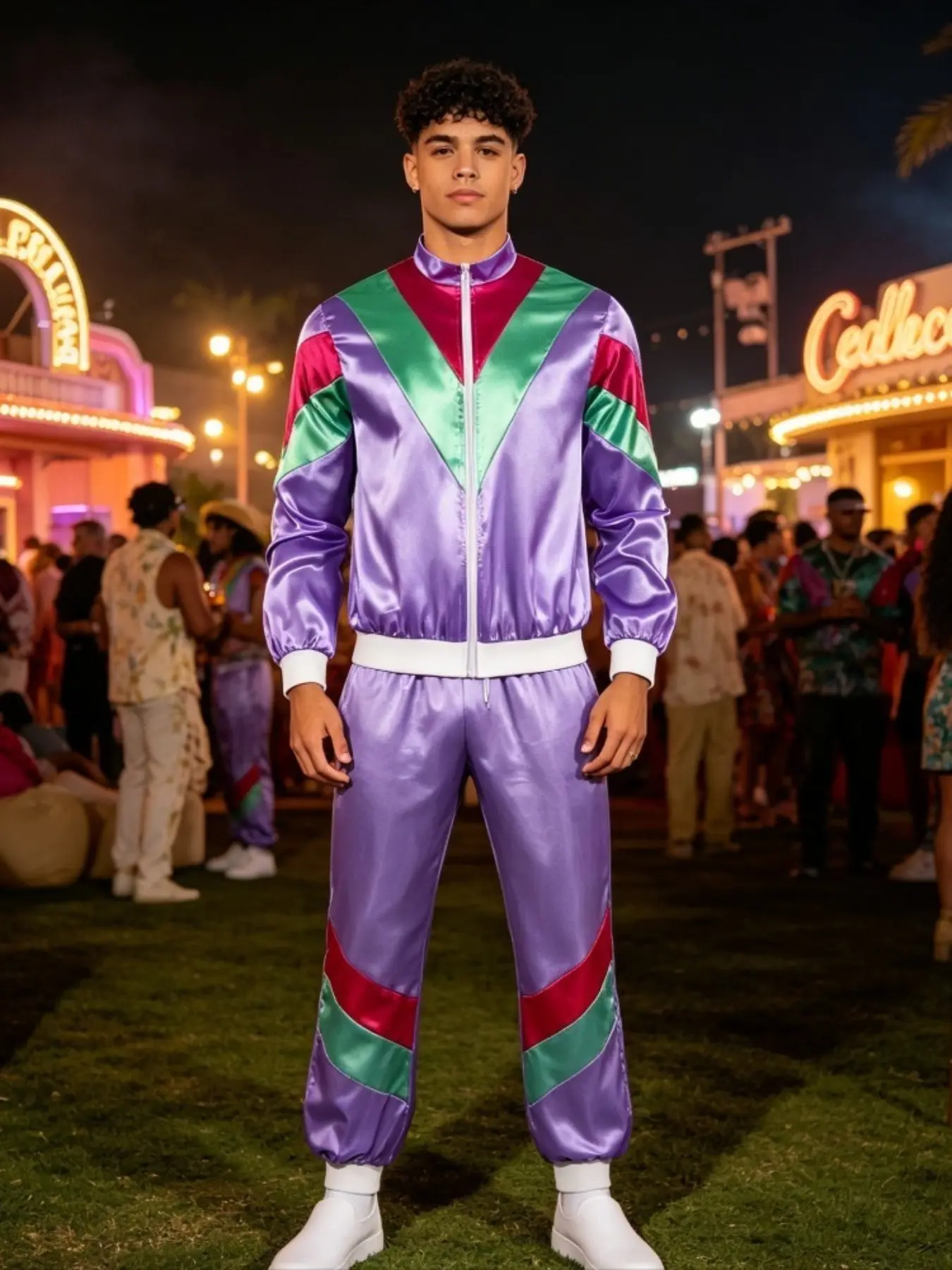 80s Disco Tracksuit for Music Festival | Retro Jogger Suit with Fluorescent Zip Jacket + Tapered Side Stripe Pants | Vintage Costume for Coachella Theme Party