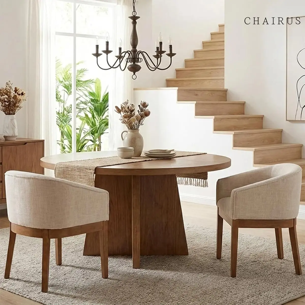 CHAIRUS Mid Century Modern Dining Chairs Set of 2, Linen Upholstered Dining Chairs with Arms,Farmhouse Round Barrel Chairs,Kitchen & Dining Room Chairs with Natural Hardwood Frame, 18" W Accent Chairs for Living Room Bedroom, Beige,sum