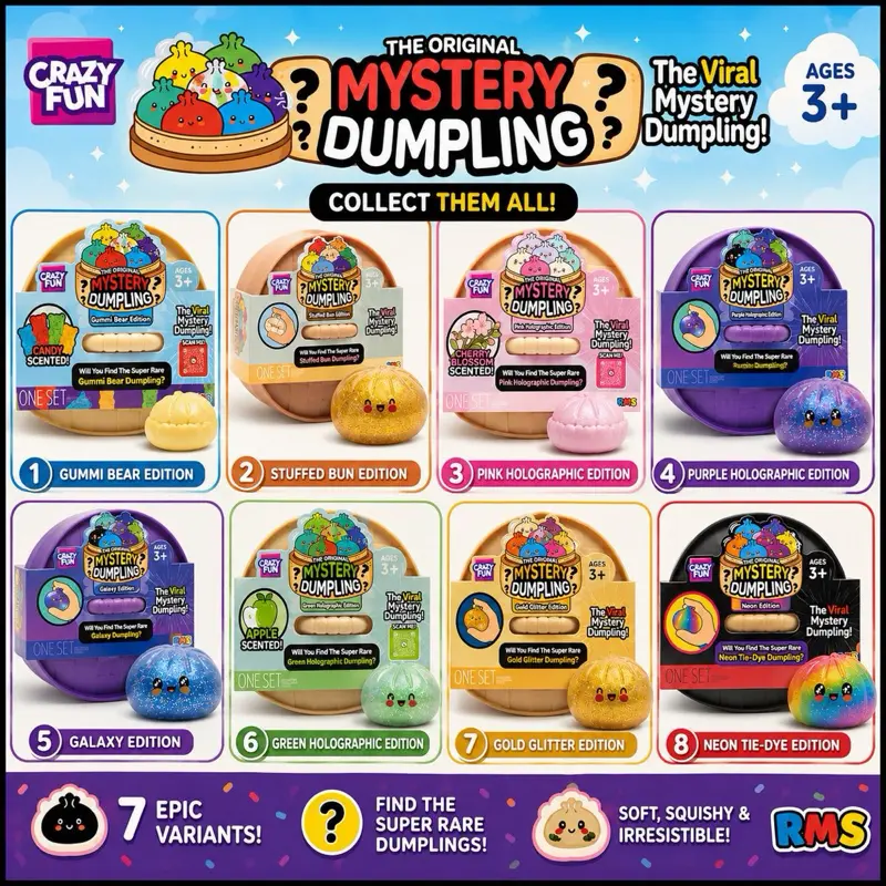 100% Authentic RMS Crazy Fun The Original Mystery Dumpling - Galaxy Edition /Tie Dye Edition/Gold Glitter Edition/ Green,Pink&Purple Holographic Edition/ Stuffed Bun Edition / Gummi Bear Edition Squishy Surprise, stress relief.