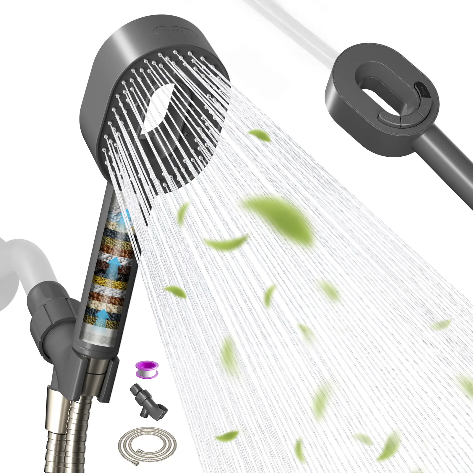 Hibbent Upgraded Filtered Portable Handheld Showerhead Set - High-Pressure System, 5 Spray Modes, 1 Power Wash Mode, 20-Stage Chlorine-Removing Filter, Self-Cleaning Soft Silicone Nozzle, 59in Hose, Wall Mount Holder, Improves Skin & Hair Condition, Famil