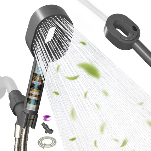 Hibbent Upgraded Filtered Handheld Shower Head Set - High-Pressure, 5 Spray +1 Power Wash Modes, 20-Stage Shower Filter, Self-Cleaning Silicone Nozzle, 59in Hose, Wall Mount, Skin & Hair Boost, for Family, Children, Indoor Bath, Rain & Handheld Use, Filte