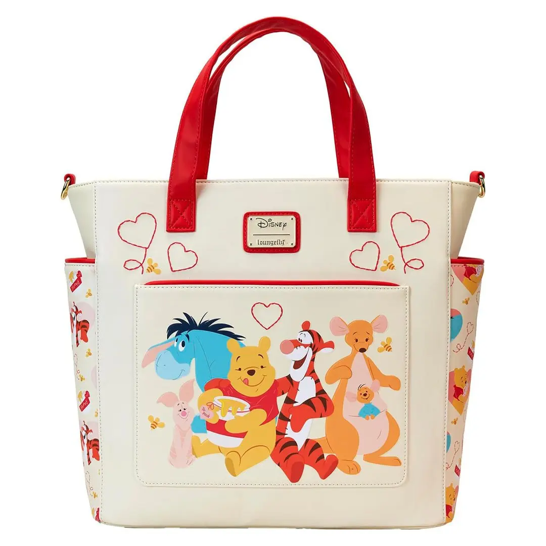 Loungefly Disney Winnie the Pooh Convertible Tote Bag, Hearts Graphic Faux Leather Daily Use Purse with Adjustable Strap, Basic, Zipper
