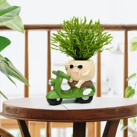 Summer Sale Cute motorcycle cartoon potted plant, fun image flowerpot with sunglasses, suitable for succulent plants, herbs, and small potted plants, creative indoor and outdoor decoration