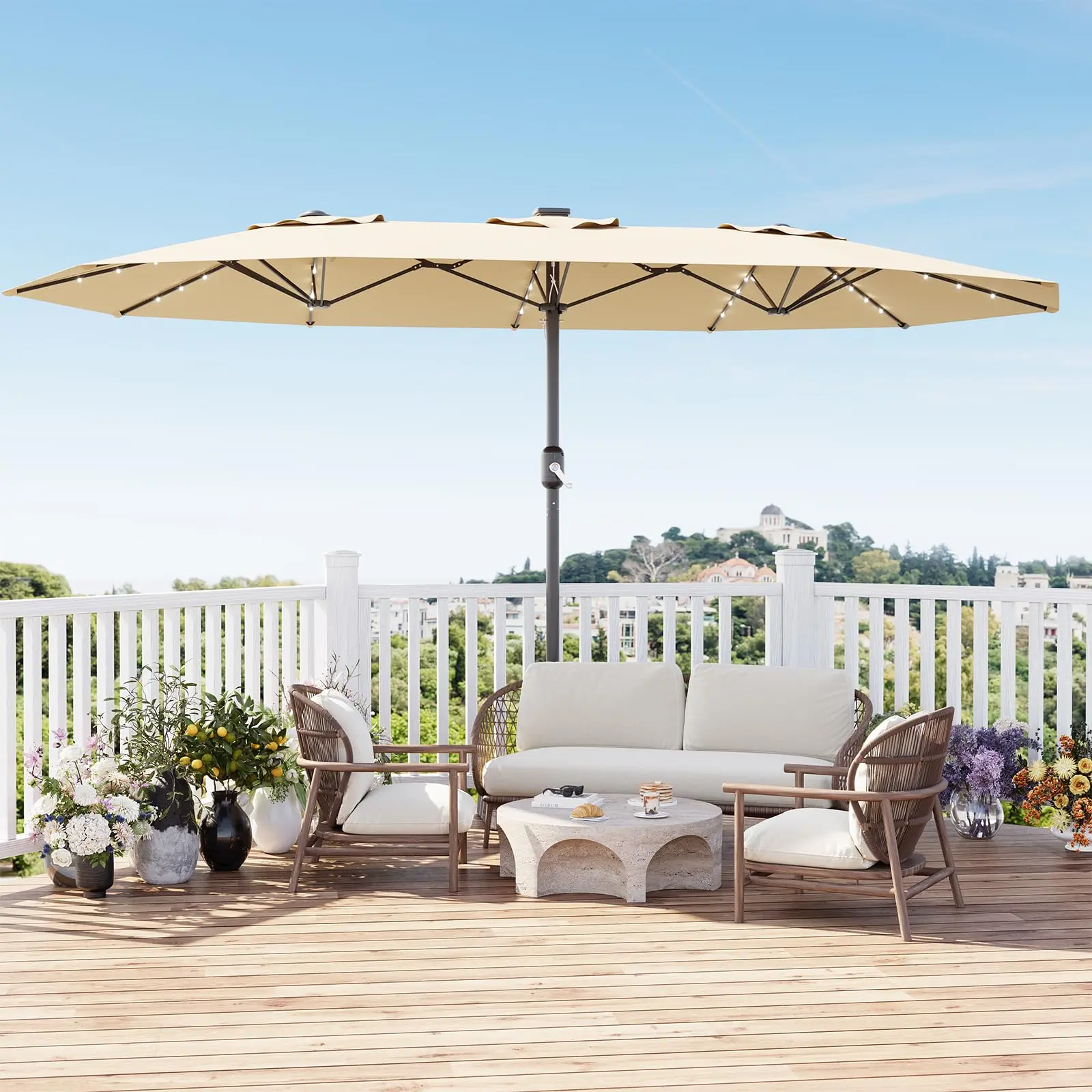 15FT Extra Large Rectangular Patio Umbrella, LED Outdoor Parasol with UV Protection, Windproof Design, Easy Assembly, Crank & Weighted Base Included for Backyard Garden