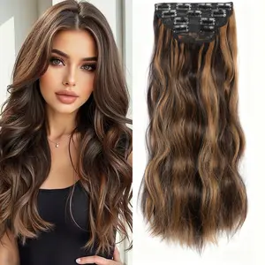 Clip in Hair Extensions Long Wavy 4PCS Thick Hairpieces Synthetic Chocolate Brown Mixed Ash Blonde Hair Extensions Double Weft Natural 20Inch for Women
