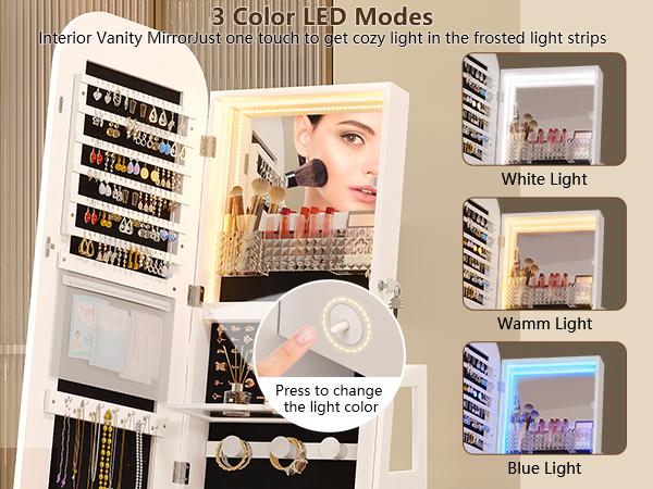 Miuvanity Round-Corner Design Full-Length Mirror with 360° Swivel & LED-Lit Features, Bottom Drawer Storage, Lockable Design living room decor