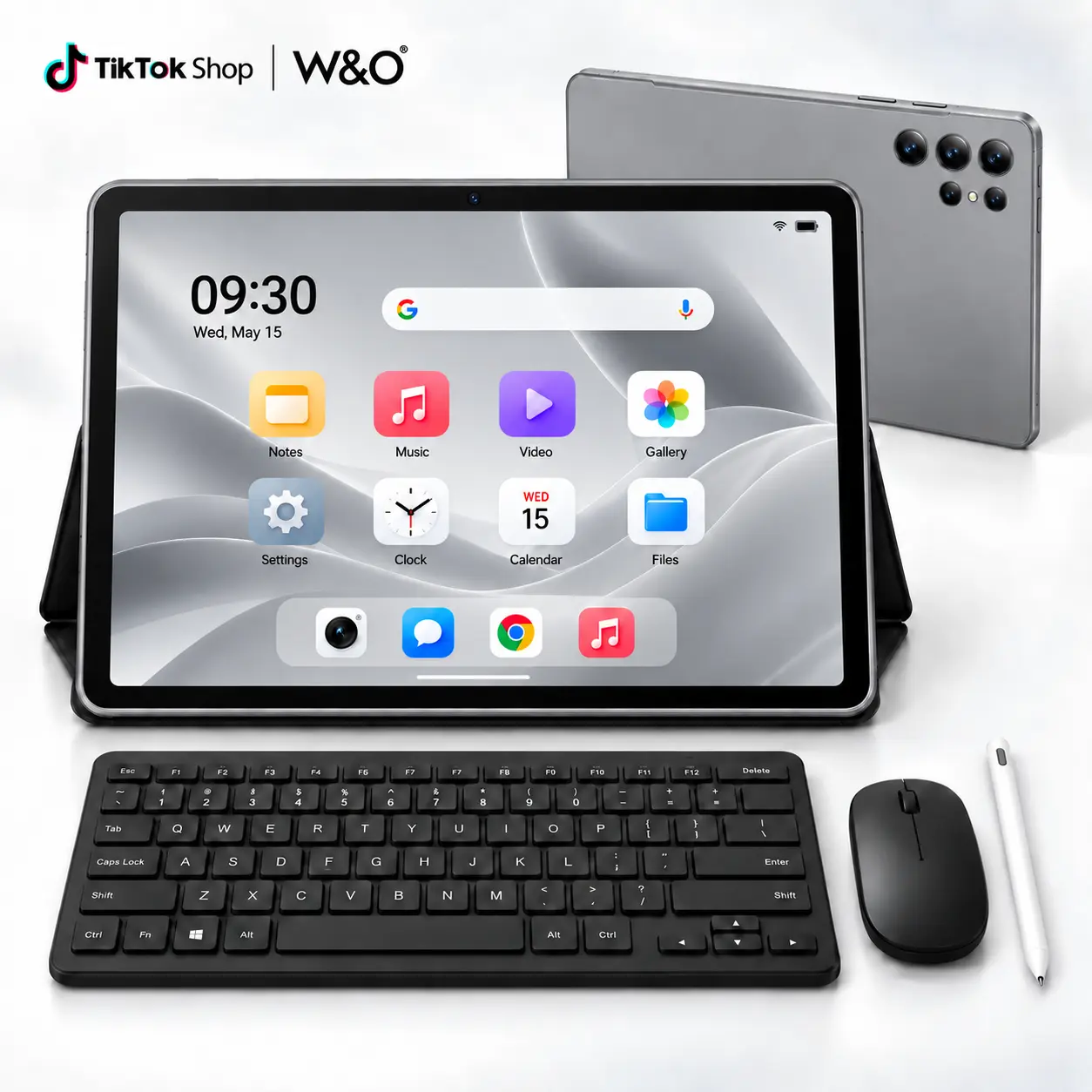 W&O X9 2026 Android 15 10.1" IPS Touch Screen Wireless Tablet Bundle, 8GB RAM+256GB Storage, 8000mAh Battery, Dual-Band WiFi, SIM+microSD Support, 9-in-1 Keyboard+Mouse+Stylus Case, 16MP Camera, for Students & Home Use
