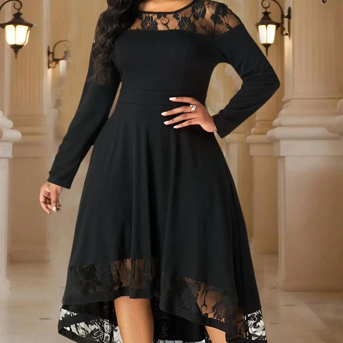 Women's Plus Size Formal Party Wear Dress - Longsleeves, Sexy Lace Stitching, Elegance Style Piece, Statement