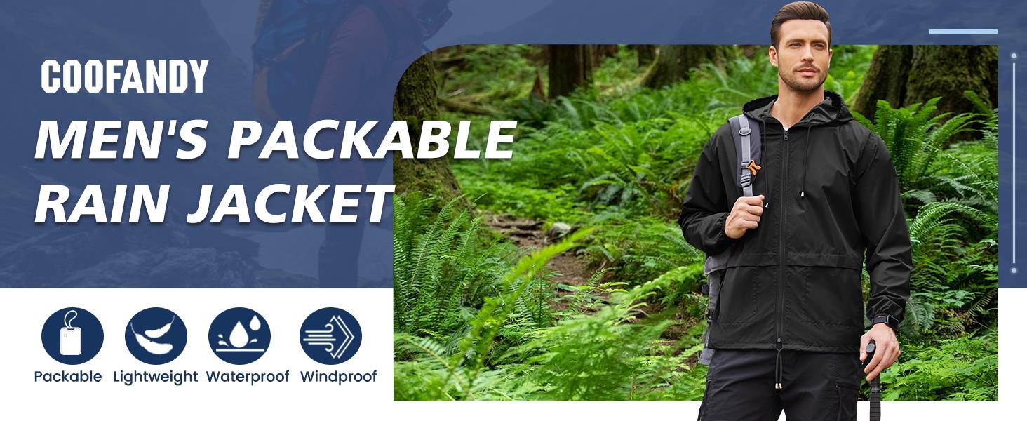 Men's Packable Jacket Outdoor Waterproof Hooded Lightweight Classic Cycling Raincoat for Hiking/Outdoor/Camping Fabric Menswear Zipper Breathable Relaxed Fit Long Sleeve Tops Athletic Outerwear Activewear Blazer