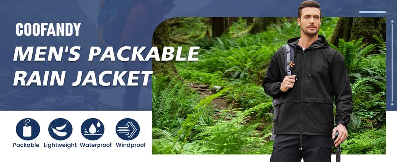 Men's Packable Jacket Outdoor Waterproof Hooded Lightweight Classic Cycling Raincoat for Hiking/Outdoor/Camping Fabric Menswear Zipper Breathable Relaxed Fit Long Sleeve Tops Athletic Outerwear Activewear Blazer