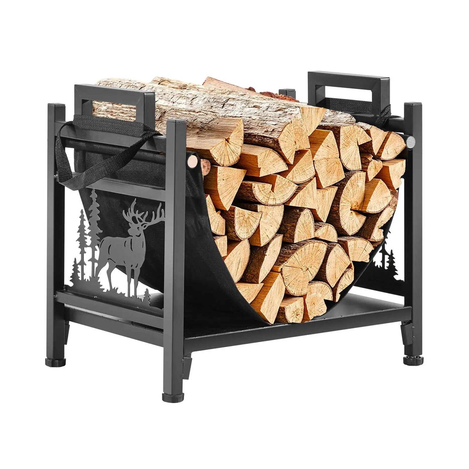 Indoor Firewood Rack With 1.5 Ft Curved Log Holder And Canvas Carrier, 40 Lb Weight Capacity Wood Storage Stand, Powder-Coated Steel Firewood Holder, Heavy Duty Wood Pile Stacker Rack For Fireplace And Home Heating