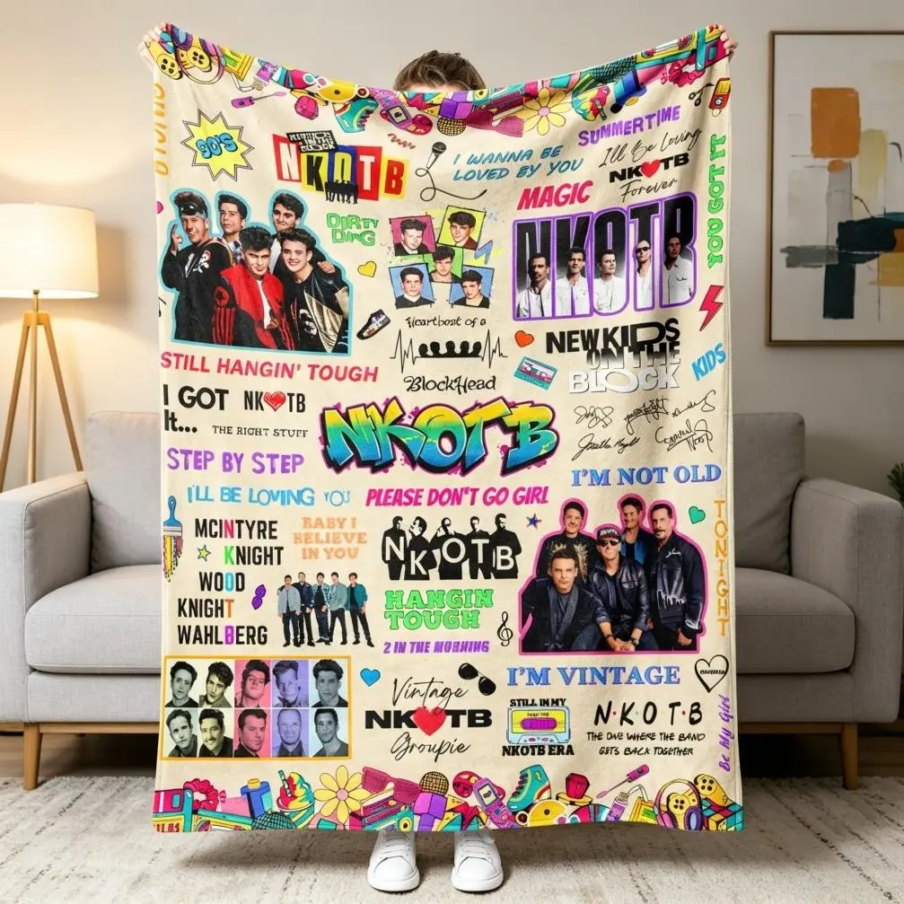 NKOTB 90s Nostalgia Printed Fleece Blanket for Bed - New Kids on the Block Retro Collage Throw, Soft Comfy Machine Washable Blanket with Hit Song Lyrics & Fan Memorabilia, Heartfelt Gift for Fans
