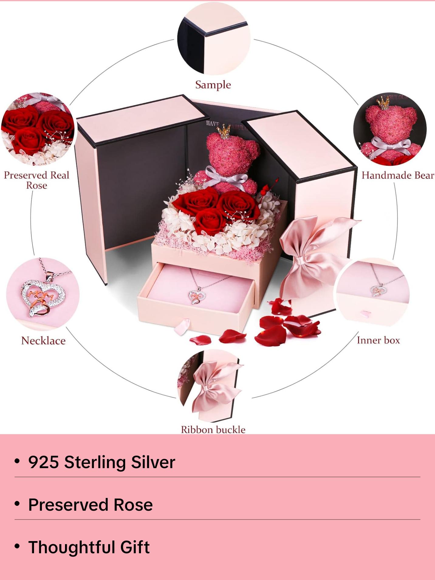 IDFALKFD Preserved Rose Gifts Set includes 925 Sterling Silver Necklace with Heart and Mom Jewelry Design, Mothers Day Birthday Christmas Valentines Gifts for Mom from Daughter and Son