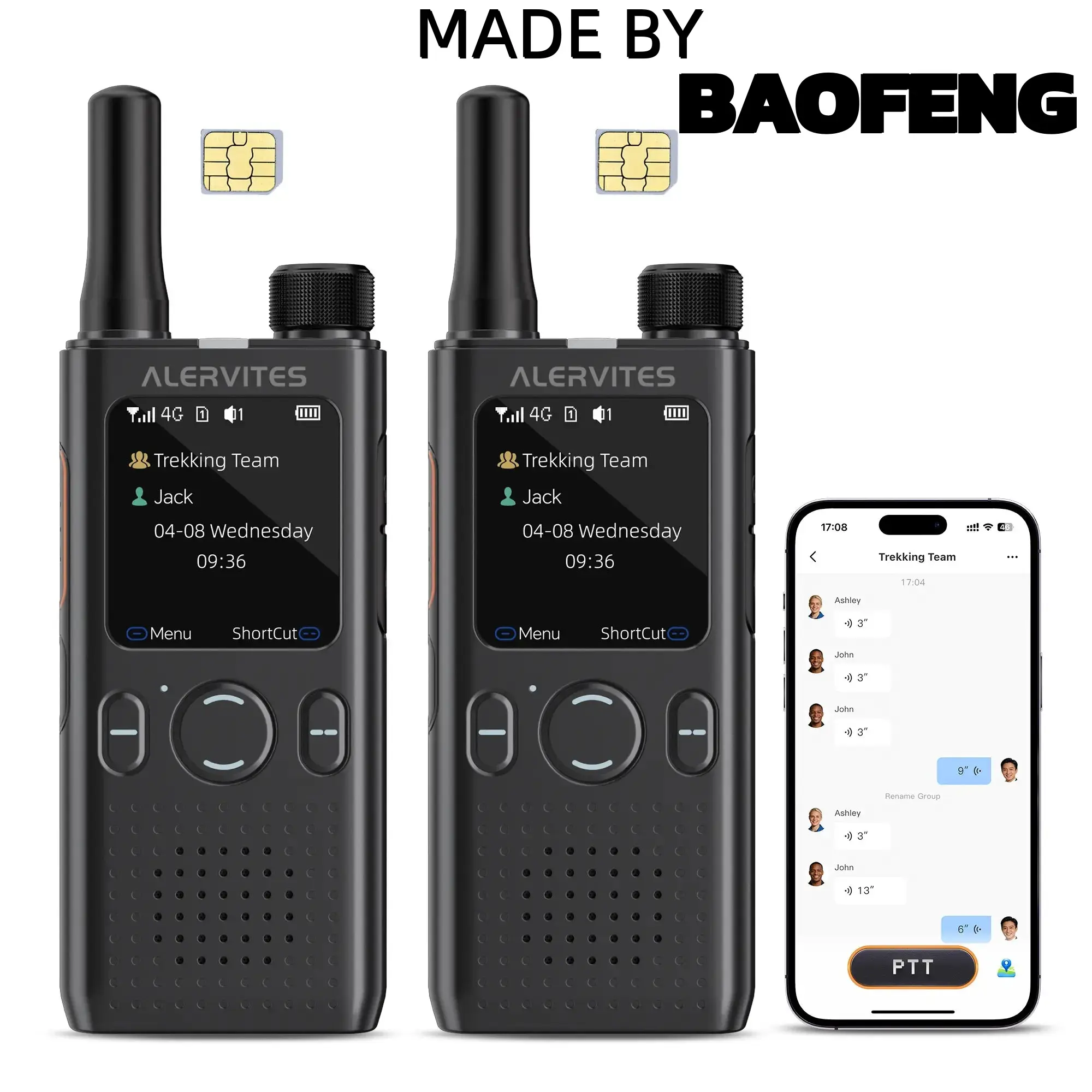 Baofeng AT1 POC Public Network Walkie Talkie, 4G SIM-Card Handheld Device with 5000km Nationwide Coverage, USB-C Fast Charging, Ultra-Long Battery Life, Lifetime Data, for Construction Sites, Casual Use, Rechargeable Batteries