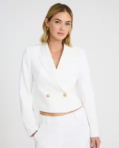 Express Studio Stretch Twill Gold Button Double Breasted Cropped Blazer