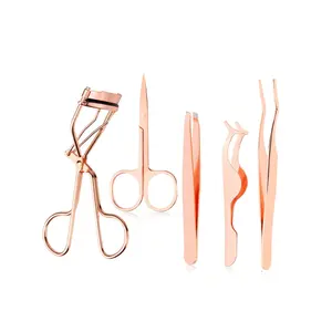 5-Piece Eyelash Applicator Tool Set with False Eyelashes Applicator Eyebrow Curler Scissors Rose Golden for Makeup Essential Tools for Beginners & Professionals