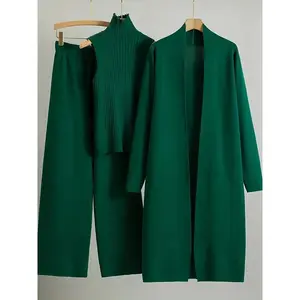 2025 newest suit high elasticity Women's loose suit, long wide-legged pants + shawl cardigan + turtleneck sweater fashion three-piece set Can be worn up to 70kg Suitable for female Can be used with raincoat