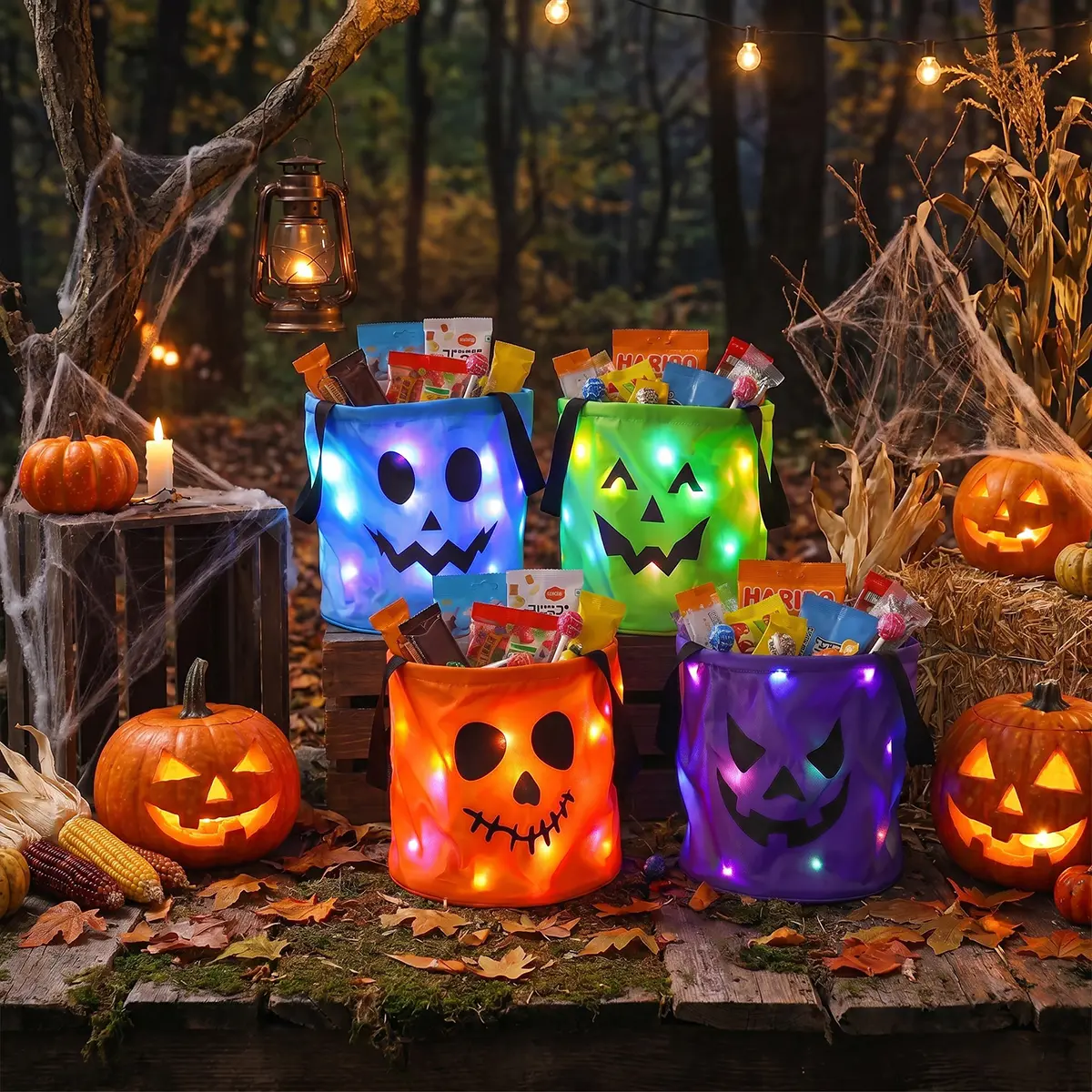 1/4 PCS Halloween Trick or Treat Buckets with LED Light, Reusable Non Woven Gift Bags Candy Bucket for Halloween, Halloween Stuff for Kids Party Favor Supplies & Gifts