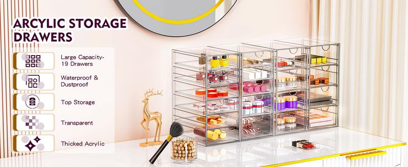 Acrylic Makeup Organizer with 17 Drawers 4 Pack Clear Dustproof Bathroom Counter Storage for Palettes Cosmetics Beauty Supplies Ideal for Vanity Cabinet Desk Organization Containers Smooth