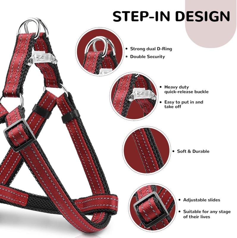 Reflective Dog Harness Collar Leash Set, No Pull Harness for Dog, Quick Release Buckle Harness for Walk, Run, Training, Double D-Ring Step in Dog Harness for Dog Girls and Boy, Red