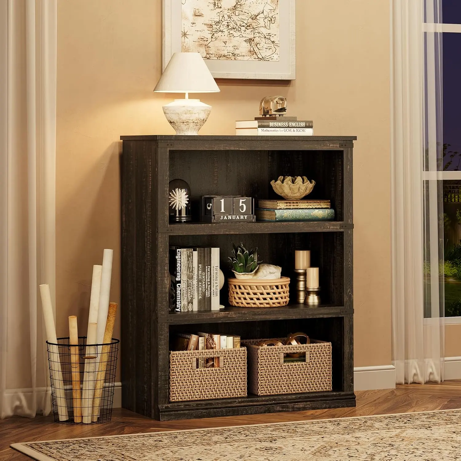 3-Tier Oak Farmhouse Wooden Bookcase - Rustic Traditional Colonial Molding, Compact, Space-Saving, Sturdy, Durable, Assembly Required, Clutter-Free Storage for Living Room, Home Office
