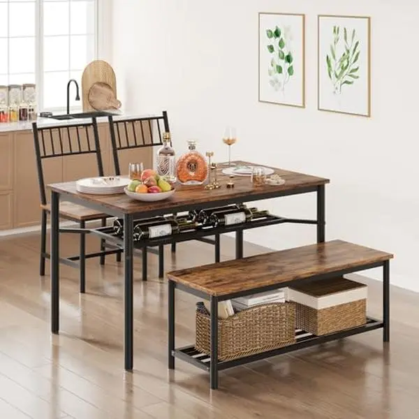 Brown 4-Piece Indoor Dining Table Set with 3 Upholstered Chairs, Sturdy Stable Compact Set with Storage Shelves, Assembly Required for Kitchen & Breakfast Nook to Create Tidy Atmosphere, Load-Bearing