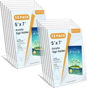 MaxGear Acrylic Sign Holder, 5 X 7 inches Clear Plastic Paper Holder, Slant Back Design Table Acrylic Frames Plastic Display Stand for Office, Home, Store, Restaurant, Vertical, 12 Pack