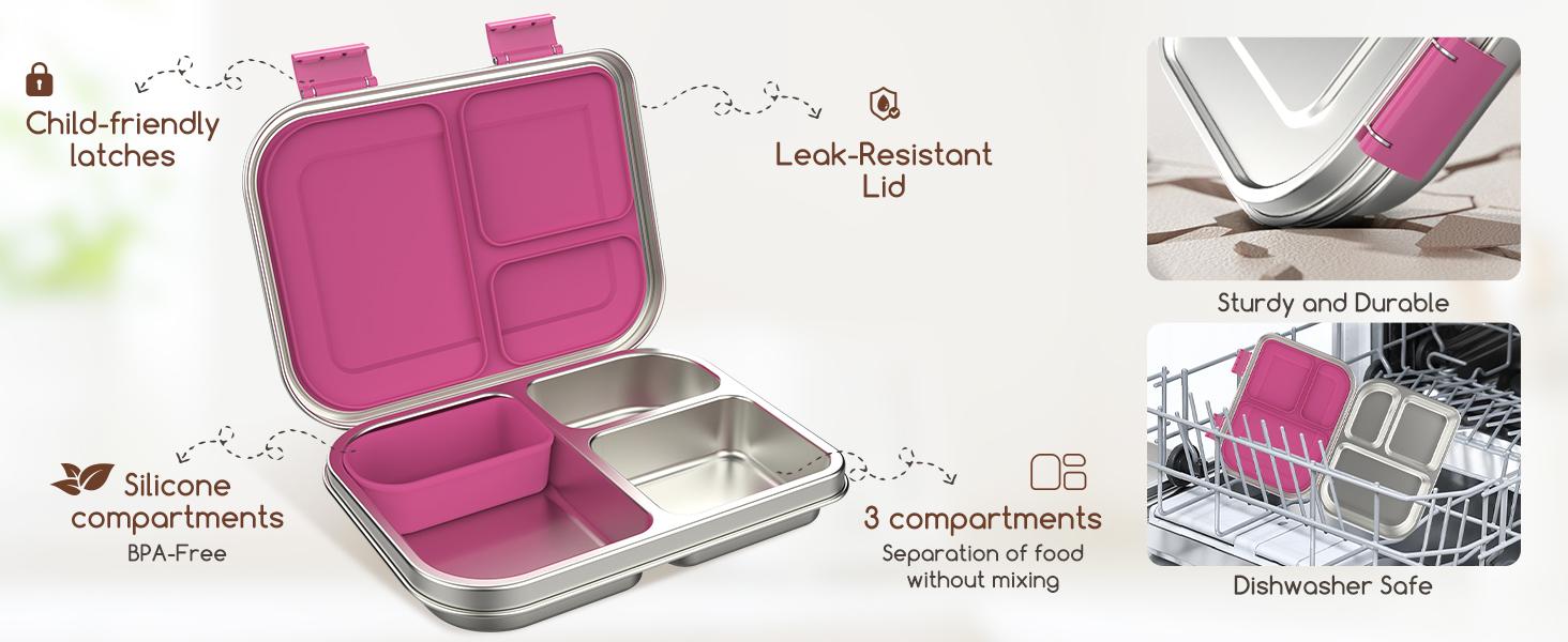 PAWTONG Stainless Steel Kids Leak-Resistant Bento Lunch Box, 3-Compartments with Silicone Container, Dishwasher-Safe, Child-Friendly Design for School, Picnics & Travel,BPA-Free