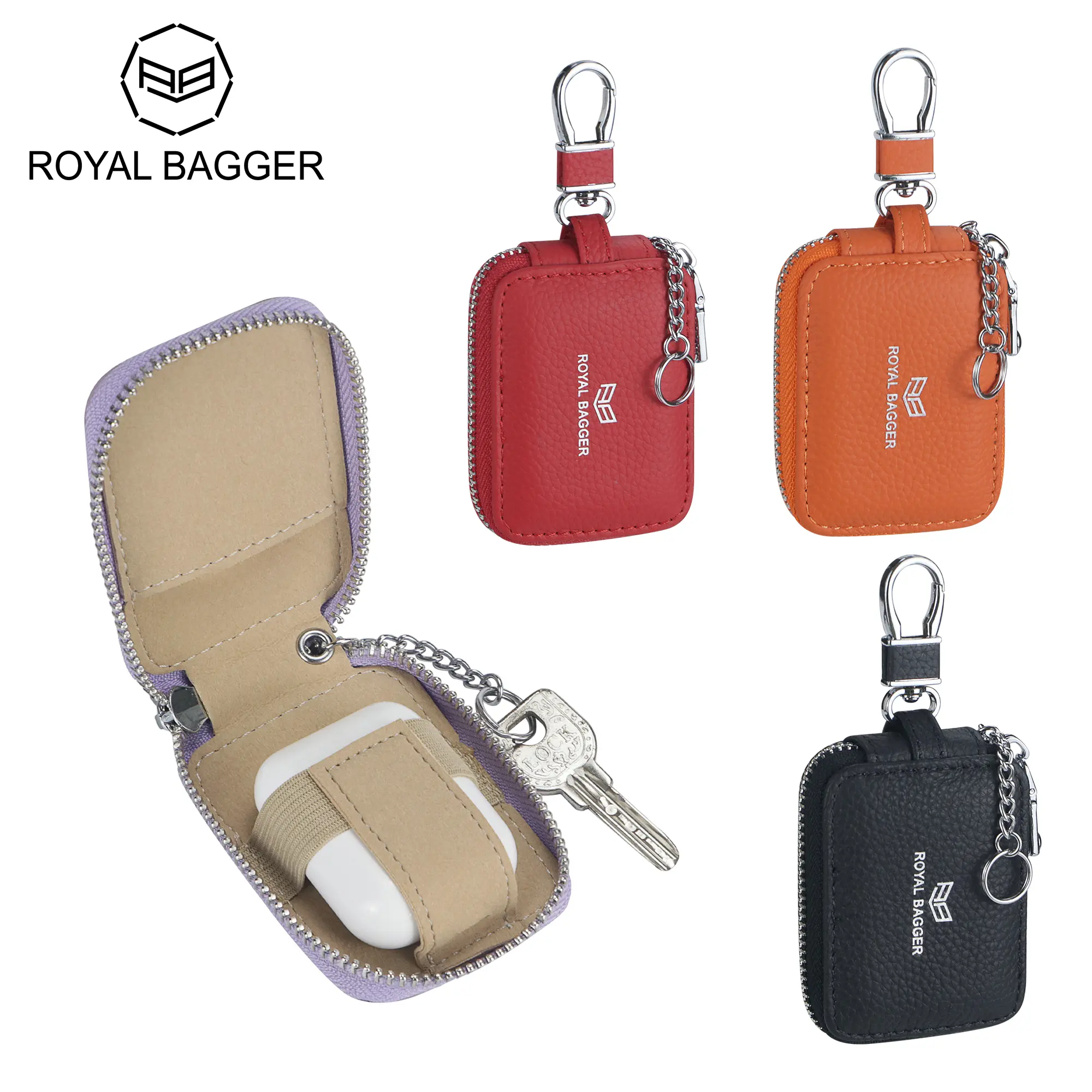 Royal Bagger Women's Genuine Leather Minimalist Headphones Case - Cute Casual Chic Everyday Carry Audio Accessory, Unisex Zippered Key Wallet Pouch with Keychain, Secure Polycarbonate Durable Portable Multi-Function Holder for Keys & Headsets