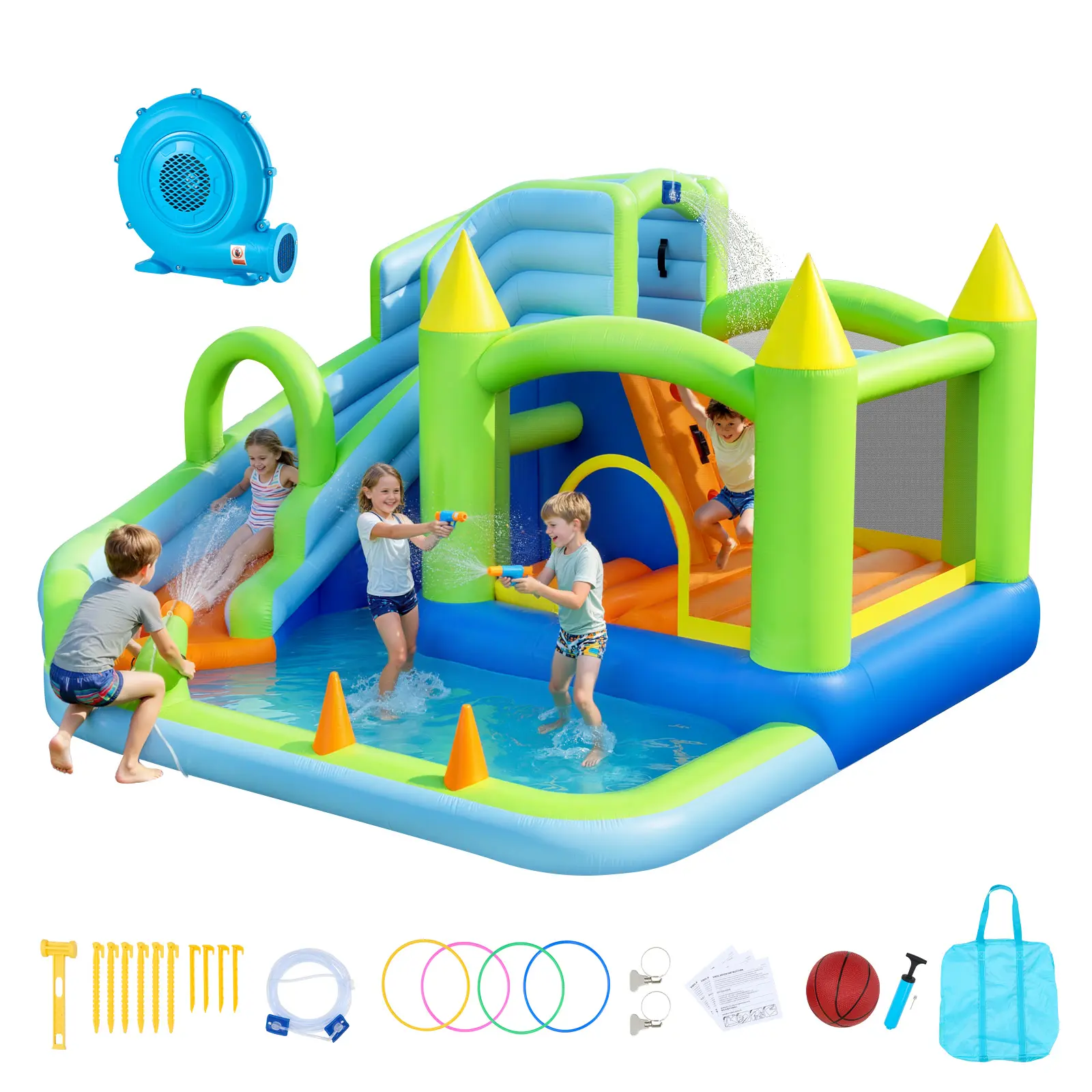 【SummerFinds】VEVOR Inflatable Bounce House, 11.3 x 12.3 x 7.0 ft Inflatable Bounce House Water Slide, Bouncer Castle with Castle Bounces, Basketball Hoop, Splash Pool & Water Ring Toss, for 3 to 4 Kids Ages 3 to 8