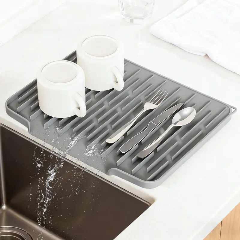 Silicone Cup Drying Mat (15.7*12.4 inches/15"x12" Square) - Foldable, Heat-Resistant, Built-in Drain Lip, Hot Dish & Dishwasher Safe, Easy-Clean, Compact, Eco-Friendly, Hygienic, Stylish for Countertop, Coffee Bar Station #SummerVibes