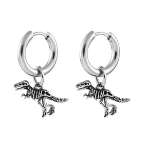 Dinosaur Skeleton Dangling Huggie Hoop Earrings - Pair - 316L Stainless Steel