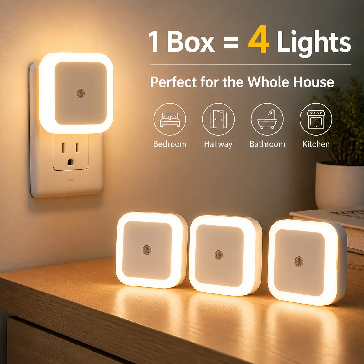 LED Night Light Plug-in 4-Pack, Dusk-to-Dawn Auto Sensor, Warm White Wall Lamp for Bedroom Bathroom Hallway, Soft Ambient Lighting for Home Safety & Comfort