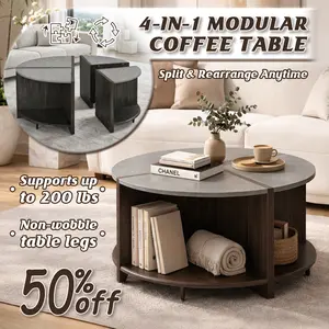 4-in-1 Modular Coffee Table with Storage Shelf, Split & Rearrange Design Round Center Table for Living Room, Modern Nesting Coffee Table for Small Spaces, Apartment Friendly Movable Side Tables, Heavy Duty Non-Wobble Legs Supports up to 200 lbs