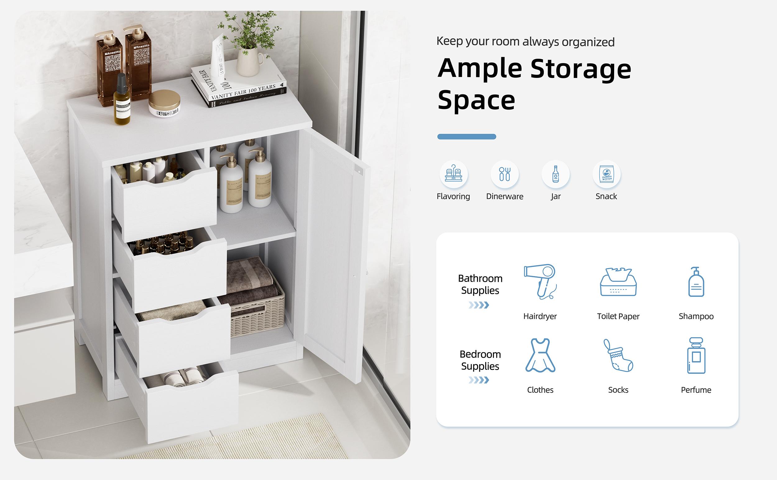 Walsunny Bathroom Floor Storage Cabinet, Wooden Storage Organizer with 4 Drawers and 1 Cupboard, Freestanding Entryway Storage Unit Console Table