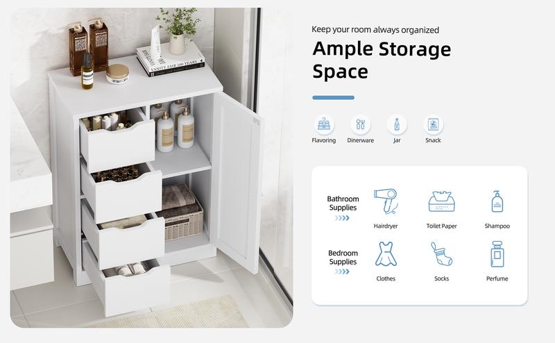 Walsunny Bathroom Floor Storage Cabinet, Wooden Storage Organizer with 4 Drawers and 1 Cupboard, Freestanding Entryway Storage Unit Console Table