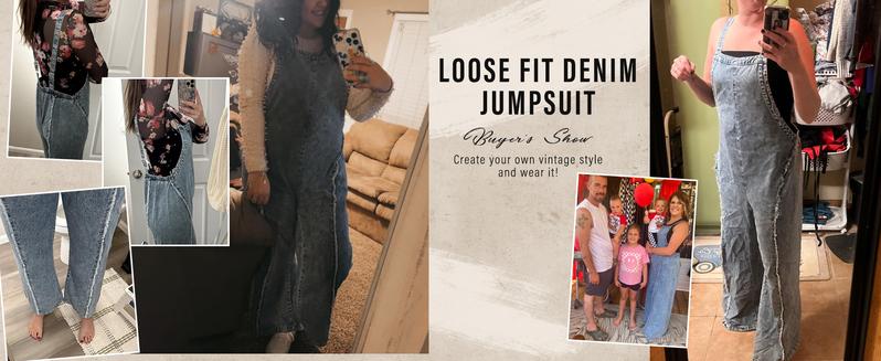 utcoco Women Loose Fit Denim Jumpsuit Adjustable Straps Wide Leg Long Pants Frayed Jean Overalls