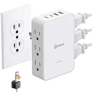 Outlet Splitter with 6 AC Side Outlets, Flat Wall Outlet Extender with PD 20W USB C, 3-Sided Electrical Outlet Extender with 4 Cable Clips for Behind Couches, Nightstands, Desks, TV