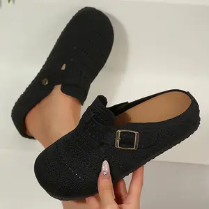 Women's Sandals Crochet Clogs With Adjustable Buckle Fit Knit Mules Breathable Backless Shoes Springfresh