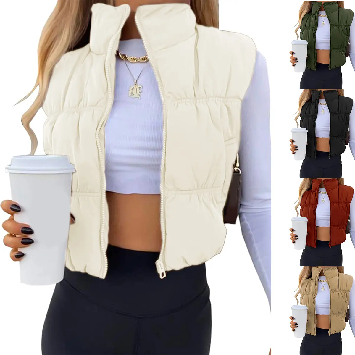 Kingapril Women's Cropped Puffer Vest, Basic Lightweight Padded Zip Up Gilet with Stand Collar for Fall Outfits, Zipper, Lady, Tops, Fits, Pockets