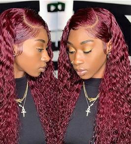 99j Burgundy 13x6 Deep Wave Lace Front Wigs Human Hair  HD Transparent Lace Front Wigs Human Hair for Women 180 Density Pre Plucked Wet And Wavy Red Colored Deep Curly Lace Frontal Wig