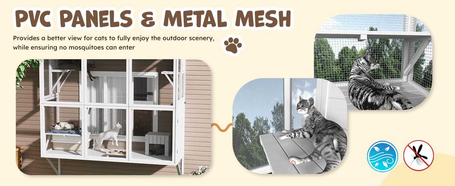 Catio Outdoor Cat Enclosure with Window Access, Large Window Catio Wood Cat House with 4 Platforms & 3 Doors for Napping and Nature Viewing – All-Weather Pet Cage for Indoor Cats