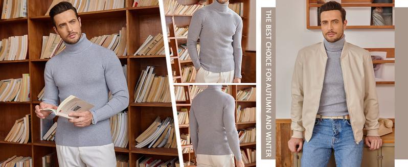 Coofandy Fall Outfits Men's Knitted Ribbed Turtleneck/High Neck Slim Fit Basic Sweater - Best Choice in Winter Casual Fabric Knitwear Menswear Soft Jacket Jeans Long Outdoor Pullover Suit   Long Sleeve Thick