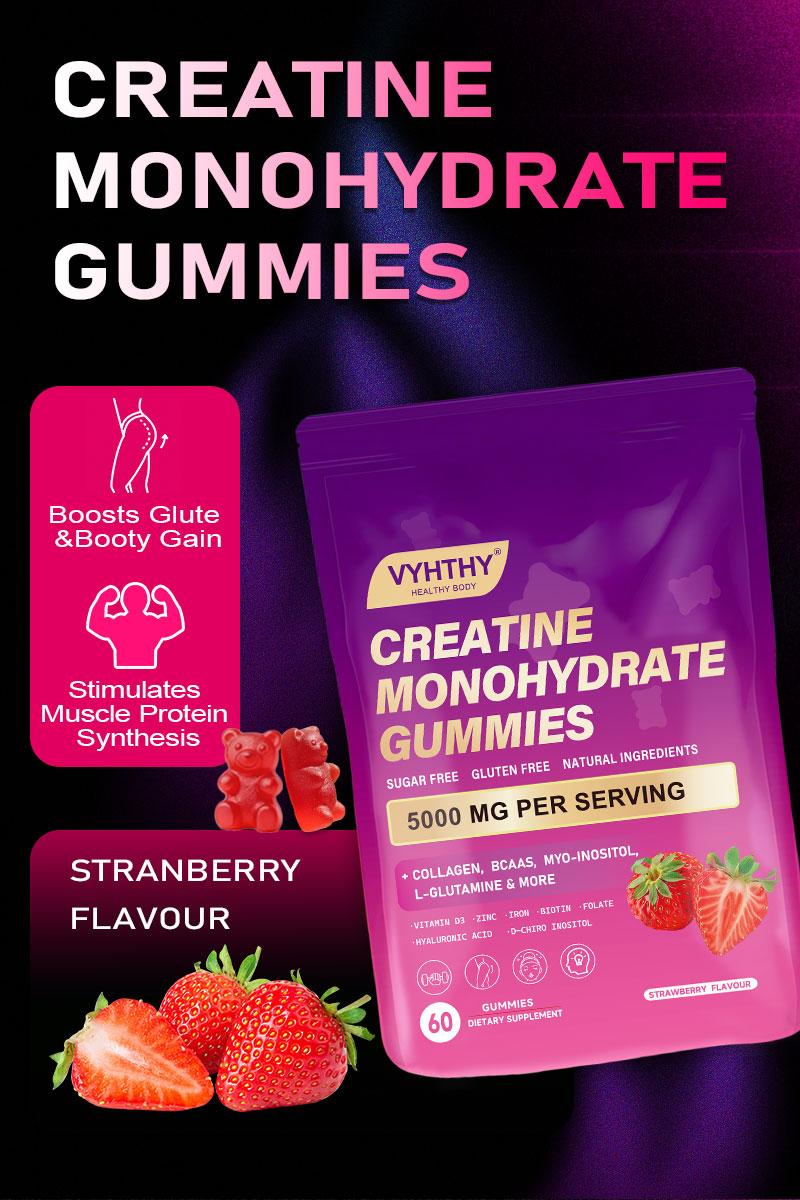 VYHTHY Creatine Monohydrate Gummies – With Collagen, BCAAs, L-Glutamine, Biotin, Zinc, Vitamin D3 & Hyaluronic Acid – Daily Pre & Post Workout Recovery, Sugar-Free