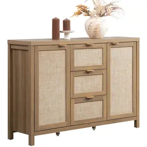 SICOTAS Rattan Large Sideboard Buffet Cabinet with Storage - Farmhouse Credenza Storage Coffee Bar Cabinet with 3 Drawers and 2 Doors, Boho Console Table for Living Room, Kitchen