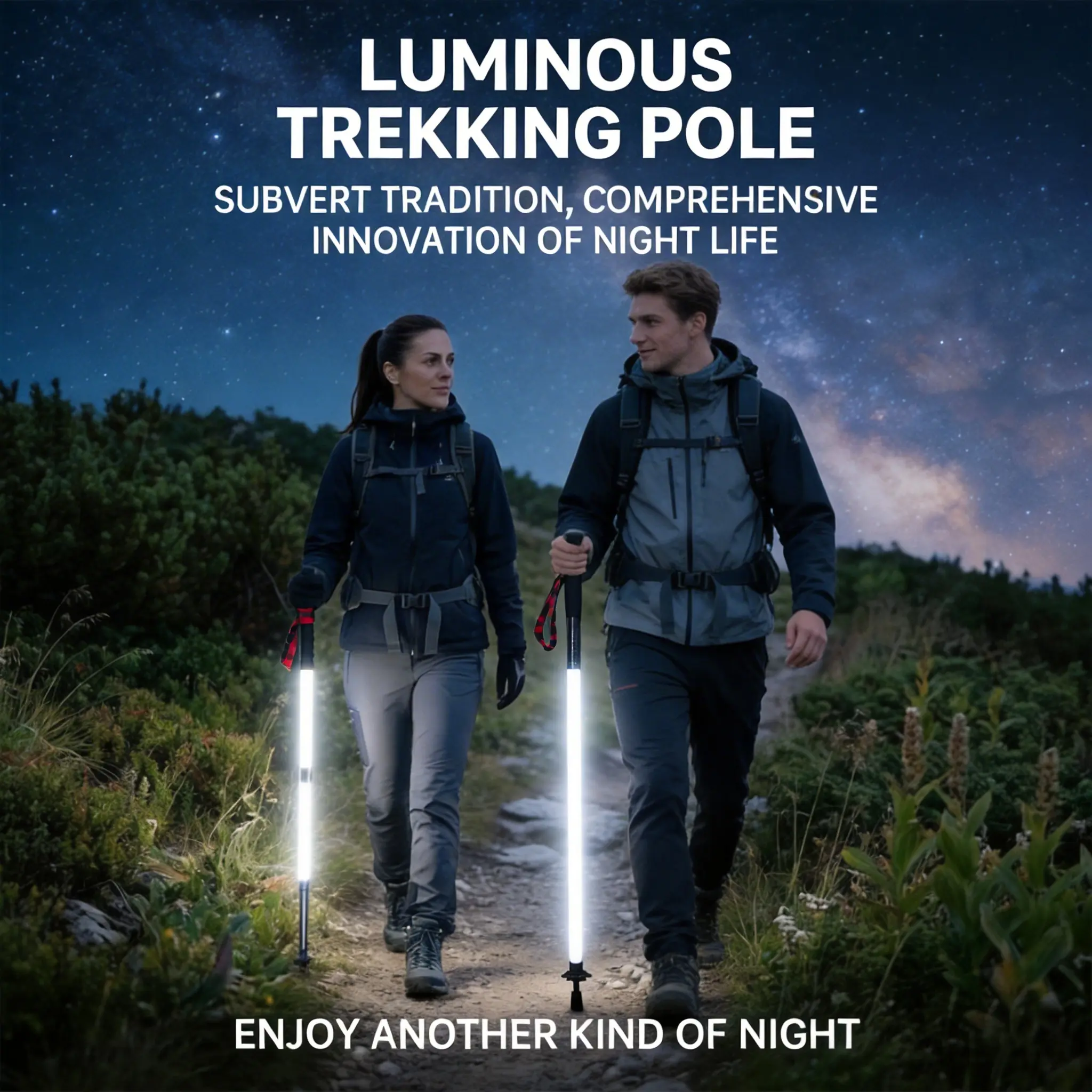 Laser Saber Style Tactical Hiking Sticks - Non-Foldable, Adjustable Waterproof Aircraft Aluminum Poles with Built-in LED Light Strip, Anti-Slip Grip for Night Hiking, Camping Emergency Safety, Photo-Ready TikTok Shots, Tactical Hiking Stick
